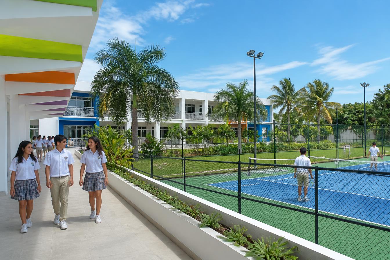 Colegio con cancha de tenis y estudiantes con raquetas