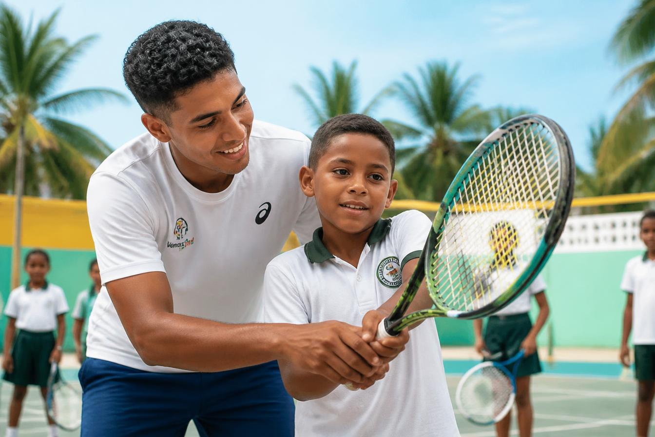 Niños entrenando tenis con su entrenador en el colegio